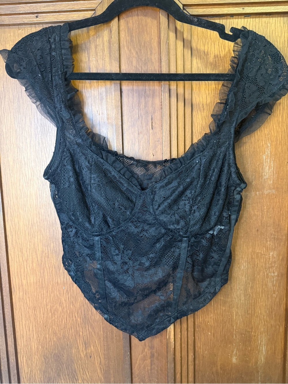 SHEIN Black Lace Bustier Crop Top with Ruffle Straps
